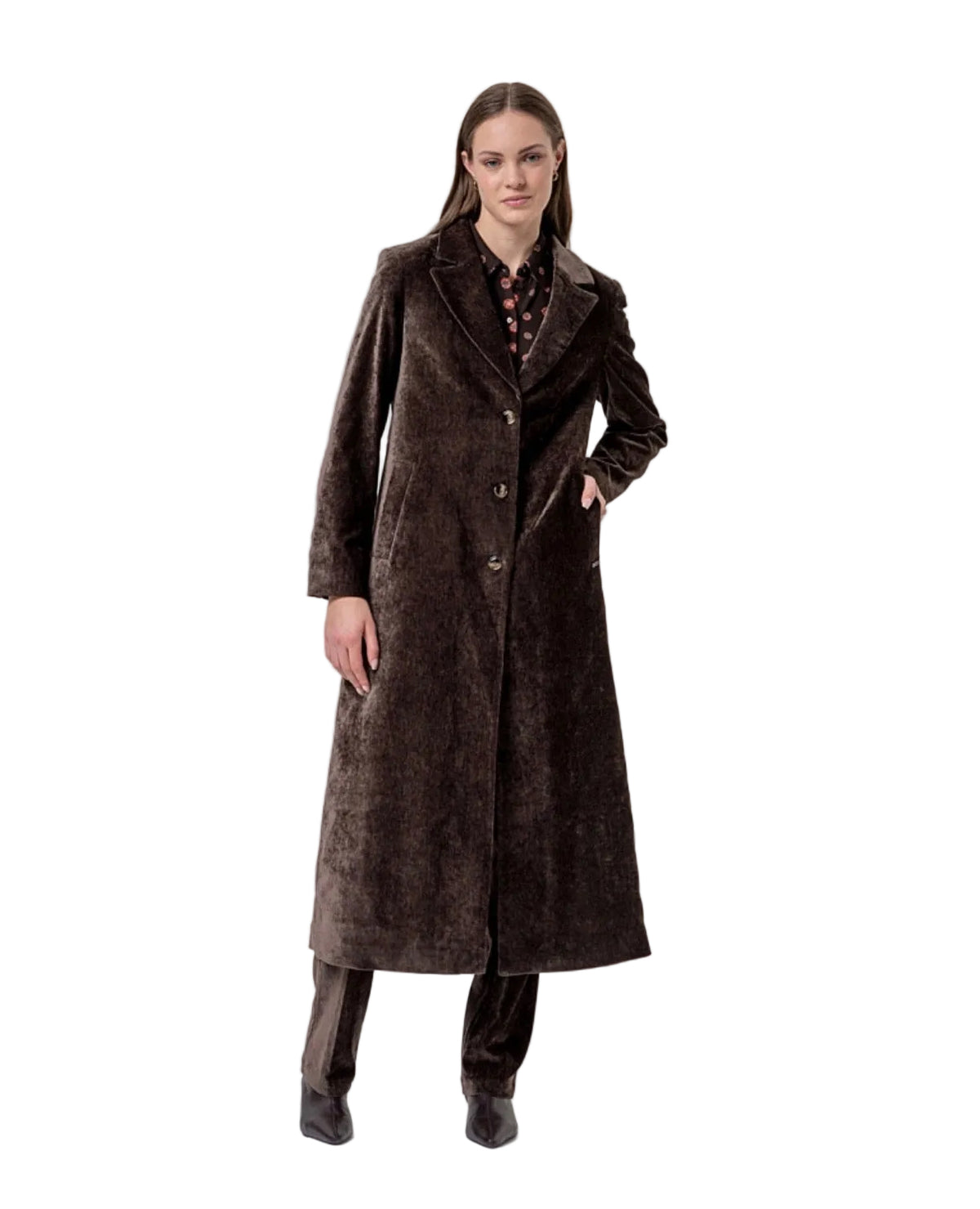 Cappotto lungo in velluto con revers